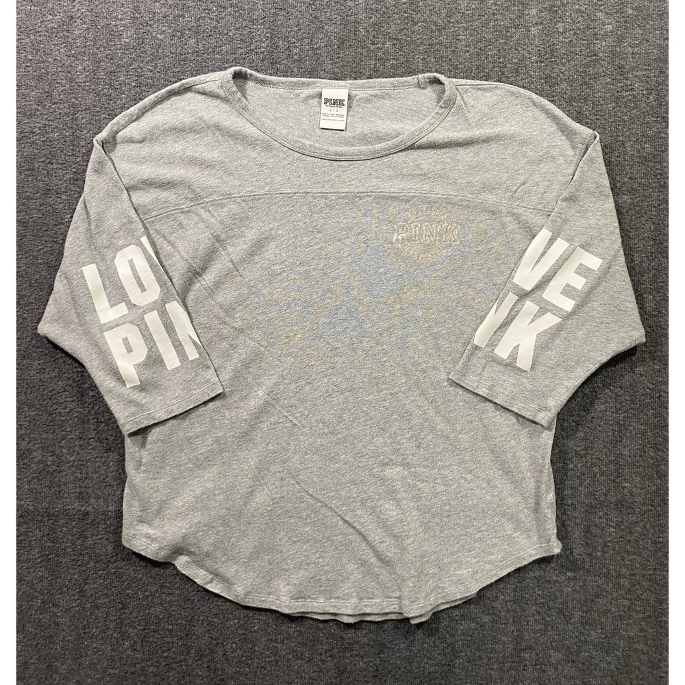 Victoria's Secret Pink Brand Shirt 3/4 Sleeve Grey Love Pink Design Size L